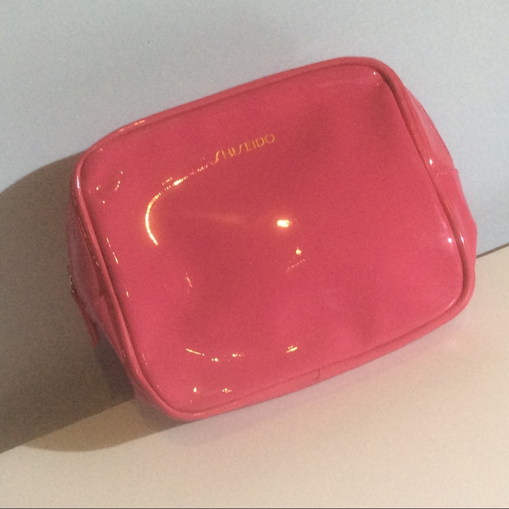 Shiseido Hot Pink Square Cosmetic Case Makeup Bag Zip Closure Satin Lined